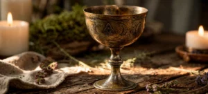 An aged brass ritual chalice engraved with a triquetha and crescent moon symbols, standing on a weathered wooden surface with linen cloth, scattered dried flowers and two white pillar candles glowing softly behind