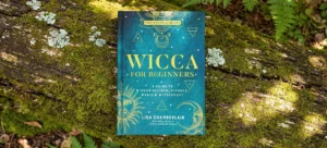 A teal and gold hardback copy of Wicca for Beginners by Lisa Chamberlain resting on a mossy fallen log in dappled woodland light.