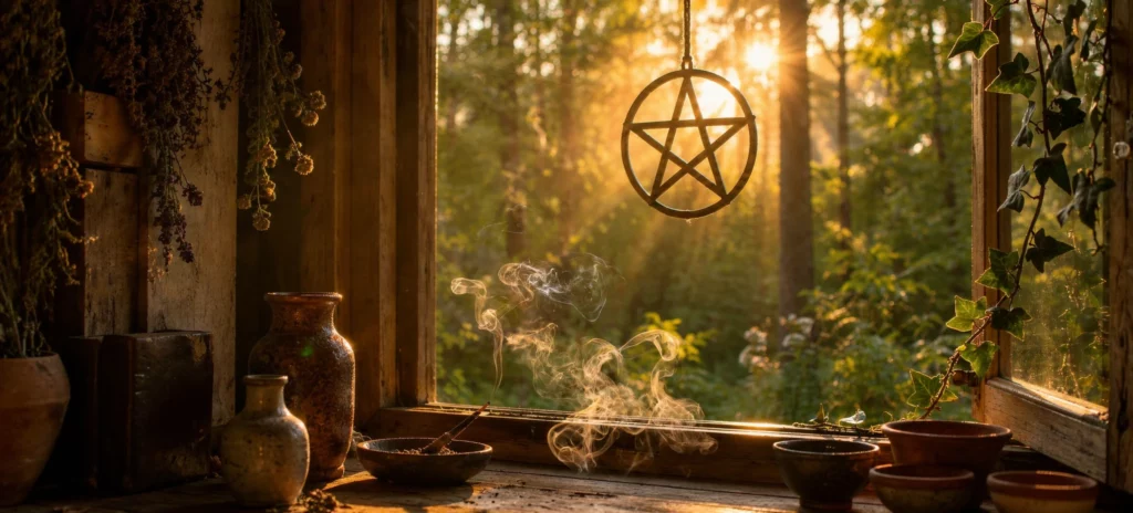 A pentacle hanging in an open cottage window at sunset, with incense smoke rising from a dish on the sill, dried herbs hung to one side, stoneware pots and ivy around the frame.